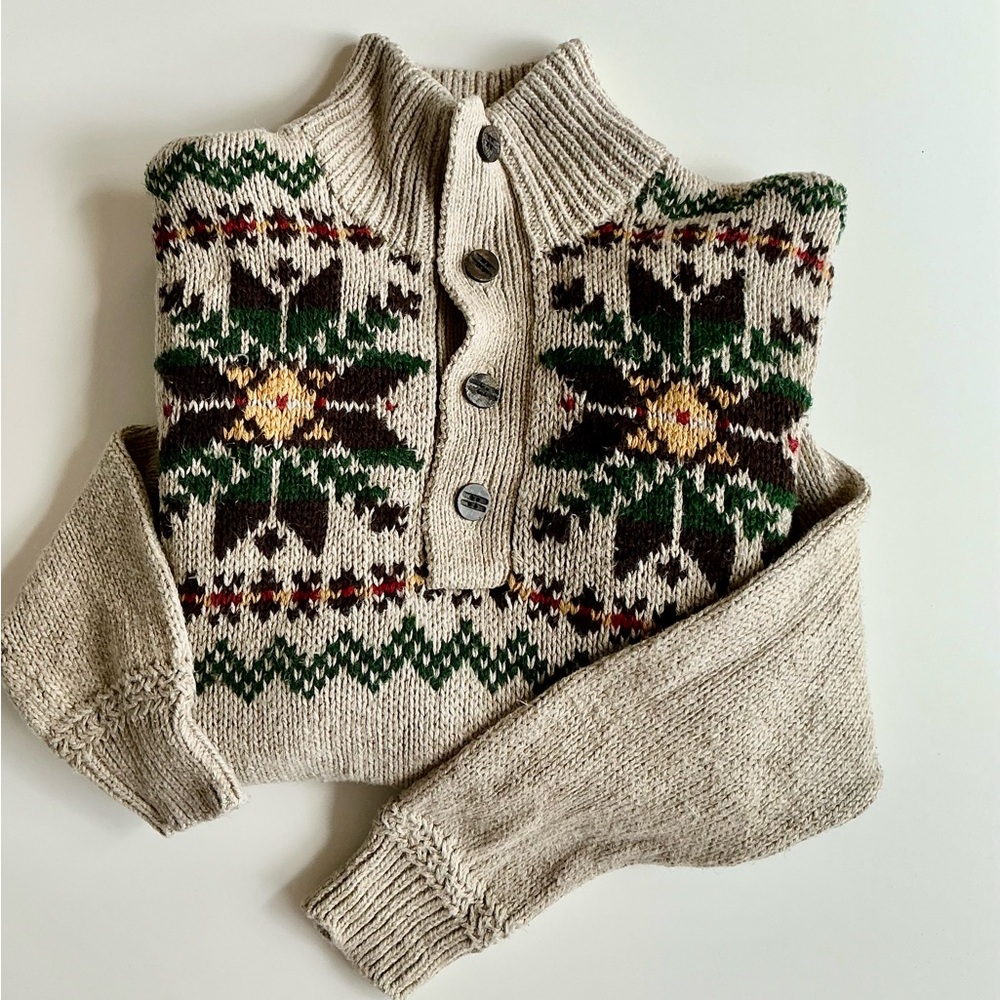 Polo by Ralph Lauren Cream Fair Isle Wool Pullover with Green and Brown Accents